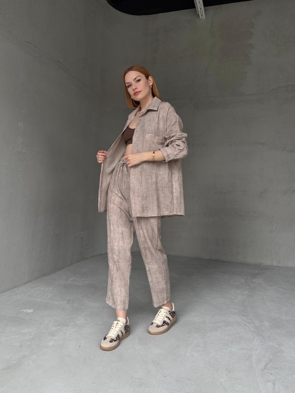 TKM-03659 Taş Rengi Yıkama Kumaş Cepli Salaş Gömlek Bel Lastikli Havuç Model Pantolon İkili Takım - 6