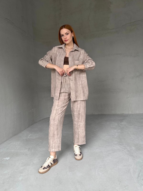 TKM-03659 Taş Rengi Yıkama Kumaş Cepli Salaş Gömlek Bel Lastikli Havuç Model Pantolon İkili Takım - 7
