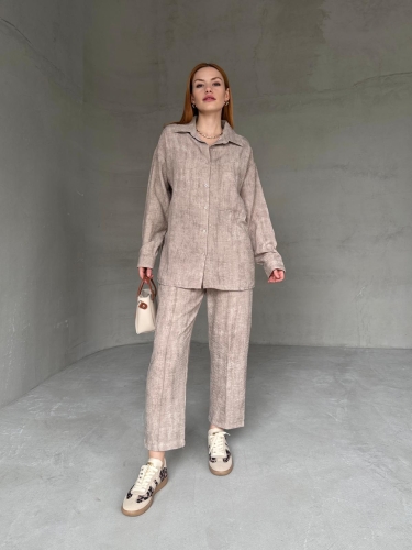 TKM-03659 Taş Rengi Yıkama Kumaş Cepli Salaş Gömlek Bel Lastikli Havuç Model Pantolon İkili Takım - 5