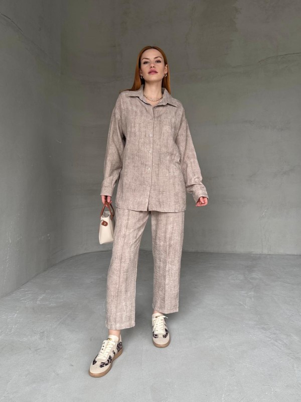 TKM-03659 Taş Rengi Yıkama Kumaş Cepli Salaş Gömlek Bel Lastikli Havuç Model Pantolon İkili Takım - 5