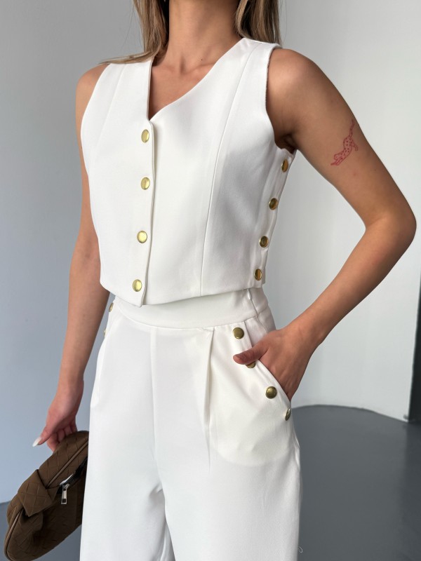 TKM-03674 Beyaz Çıtçıt Detaylı Atlas Kumaş Yelek Havuç Model Pantolon İkili Takım - 2