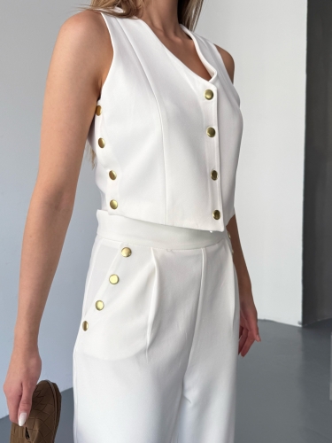 TKM-03674 Beyaz Çıtçıt Detaylı Atlas Kumaş Yelek Havuç Model Pantolon İkili Takım - 4