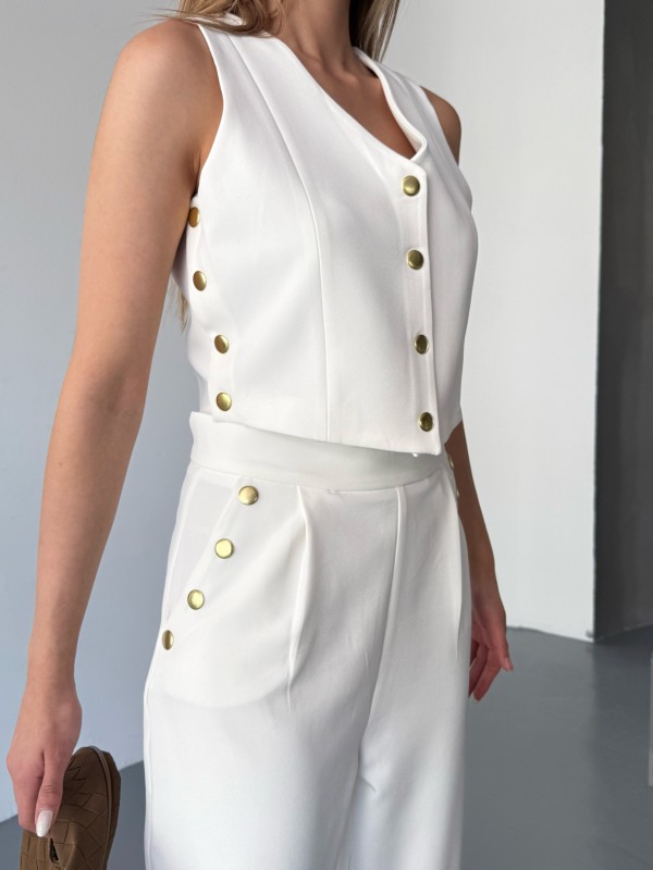 TKM-03674 Beyaz Çıtçıt Detaylı Atlas Kumaş Yelek Havuç Model Pantolon İkili Takım - 4