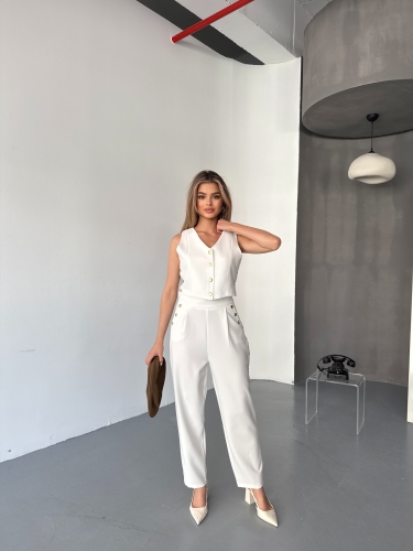 TKM-03674 Beyaz Çıtçıt Detaylı Atlas Kumaş Yelek Havuç Model Pantolon İkili Takım - 6