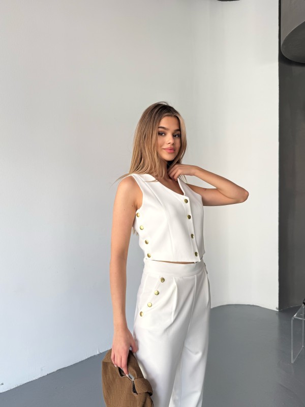 TKM-03674 Beyaz Çıtçıt Detaylı Atlas Kumaş Yelek Havuç Model Pantolon İkili Takım - 7