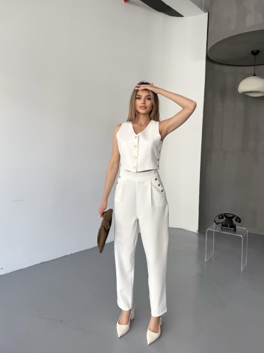 TKM-03674 Beyaz Çıtçıt Detaylı Atlas Kumaş Yelek Havuç Model Pantolon İkili Takım - 8