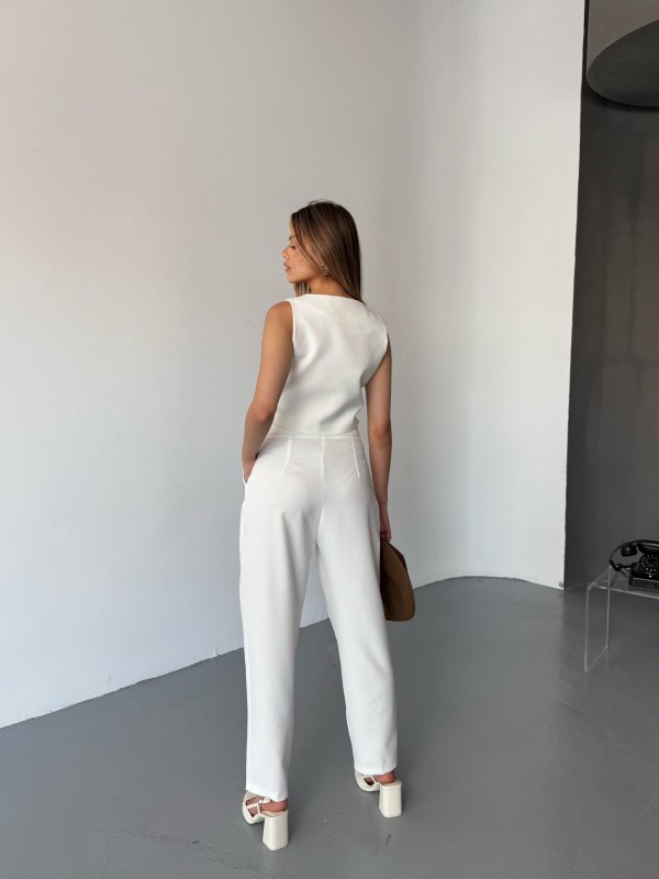 TKM-03674 Beyaz Çıtçıt Detaylı Atlas Kumaş Yelek Havuç Model Pantolon İkili Takım - 9