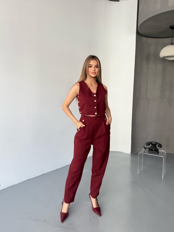 TKM-03674 Bordo Çıtçıt Detaylı Atlas Kumaş Yelek Havuç Model Pantolon İkili Takım - 1
