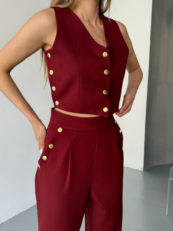 TKM-03674 Bordo Çıtçıt Detaylı Atlas Kumaş Yelek Havuç Model Pantolon İkili Takım - 2