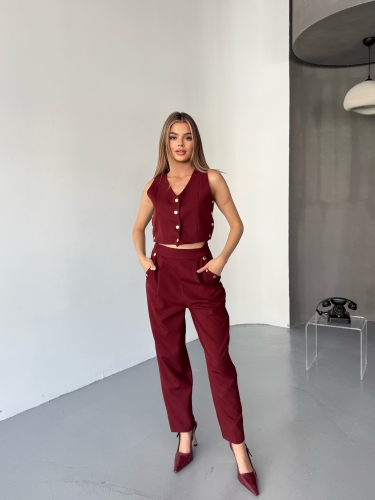 TKM-03674 Bordo Çıtçıt Detaylı Atlas Kumaş Yelek Havuç Model Pantolon İkili Takım - 3