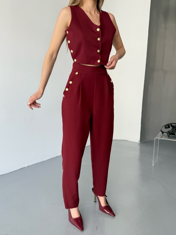 TKM-03674 Bordo Çıtçıt Detaylı Atlas Kumaş Yelek Havuç Model Pantolon İkili Takım - 4