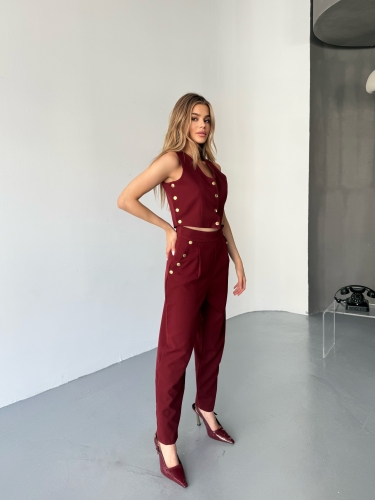 TKM-03674 Bordo Çıtçıt Detaylı Atlas Kumaş Yelek Havuç Model Pantolon İkili Takım - 5
