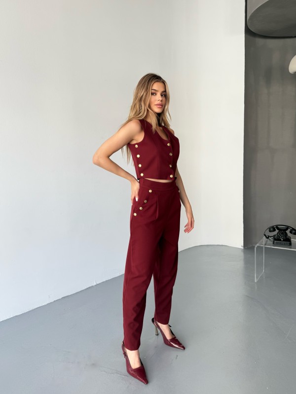 TKM-03674 Bordo Çıtçıt Detaylı Atlas Kumaş Yelek Havuç Model Pantolon İkili Takım - 5