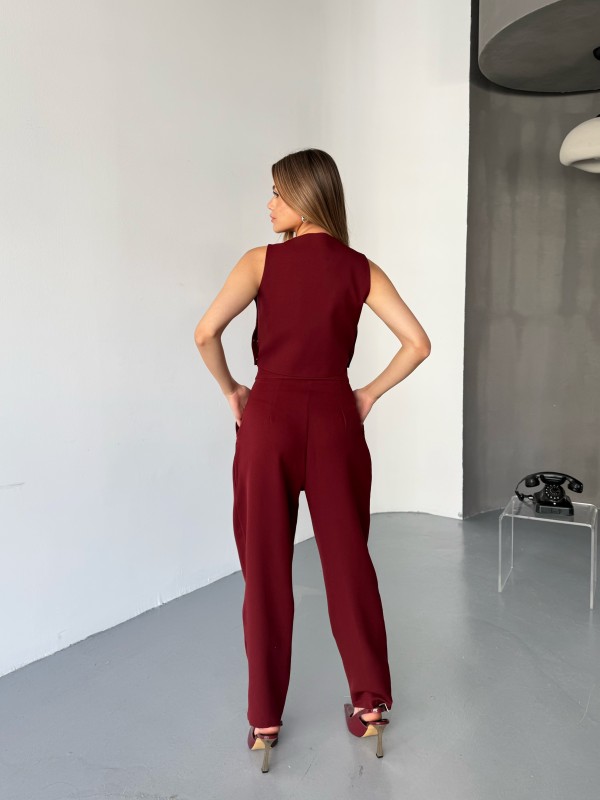 TKM-03674 Bordo Çıtçıt Detaylı Atlas Kumaş Yelek Havuç Model Pantolon İkili Takım - 6