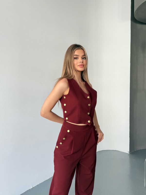 TKM-03674 Bordo Çıtçıt Detaylı Atlas Kumaş Yelek Havuç Model Pantolon İkili Takım - 8