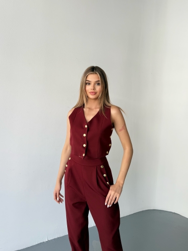TKM-03674 Bordo Çıtçıt Detaylı Atlas Kumaş Yelek Havuç Model Pantolon İkili Takım - 9