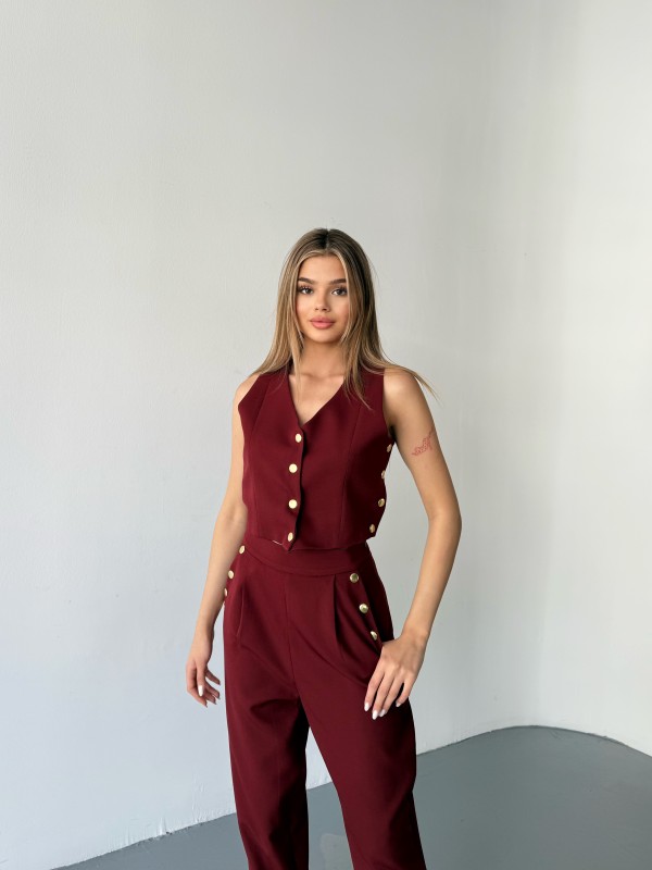 TKM-03674 Bordo Çıtçıt Detaylı Atlas Kumaş Yelek Havuç Model Pantolon İkili Takım - 9