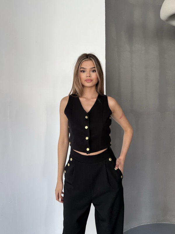 TKM-03674 Siyah Çıtçıt Detaylı Atlas Kumaş Yelek Havuç Model Pantolon İkili Takım - 1