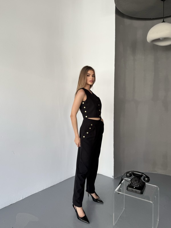 TKM-03674 Siyah Çıtçıt Detaylı Atlas Kumaş Yelek Havuç Model Pantolon İkili Takım - 2