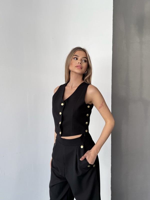 TKM-03674 Siyah Çıtçıt Detaylı Atlas Kumaş Yelek Havuç Model Pantolon İkili Takım - 3