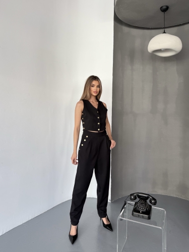 TKM-03674 Siyah Çıtçıt Detaylı Atlas Kumaş Yelek Havuç Model Pantolon İkili Takım - 6