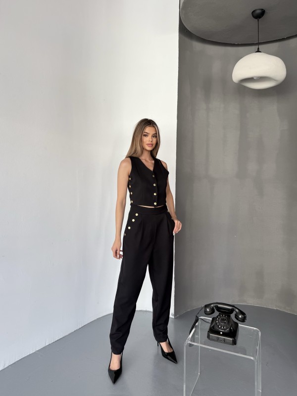TKM-03674 Siyah Çıtçıt Detaylı Atlas Kumaş Yelek Havuç Model Pantolon İkili Takım - 6