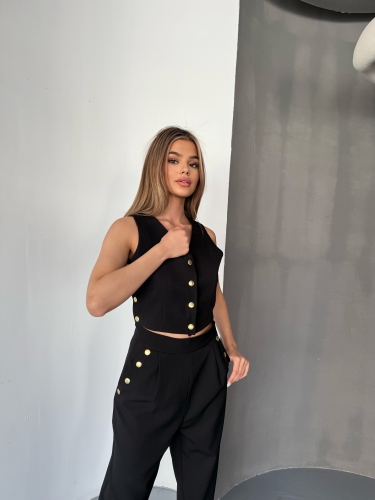 TKM-03674 Siyah Çıtçıt Detaylı Atlas Kumaş Yelek Havuç Model Pantolon İkili Takım - 7