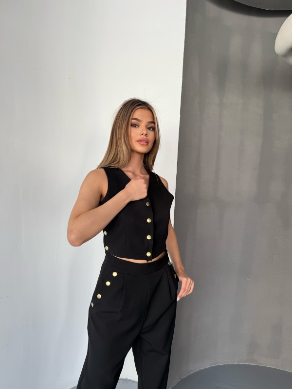 TKM-03674 Siyah Çıtçıt Detaylı Atlas Kumaş Yelek Havuç Model Pantolon İkili Takım - 7