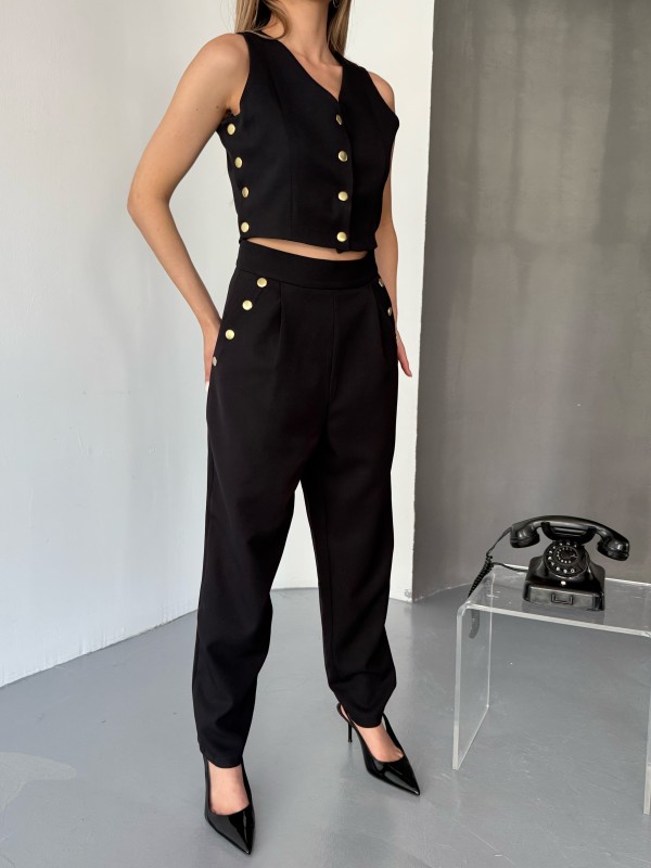 TKM-03674 Siyah Çıtçıt Detaylı Atlas Kumaş Yelek Havuç Model Pantolon İkili Takım - 8