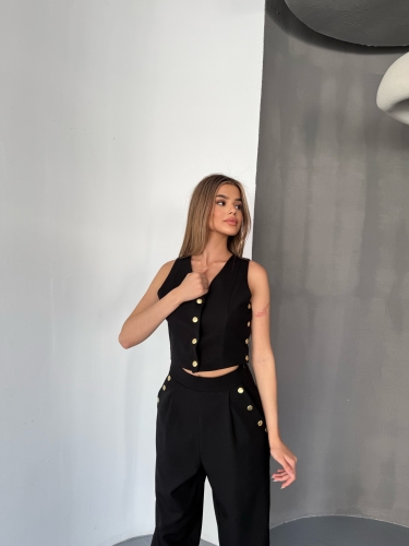 TKM-03674 Siyah Çıtçıt Detaylı Atlas Kumaş Yelek Havuç Model Pantolon İkili Takım - 9