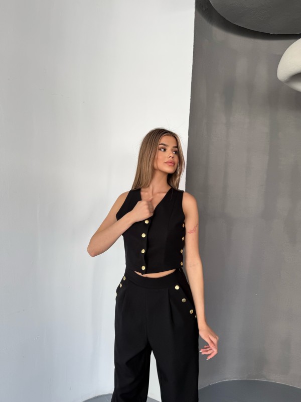 TKM-03674 Siyah Çıtçıt Detaylı Atlas Kumaş Yelek Havuç Model Pantolon İkili Takım - 9