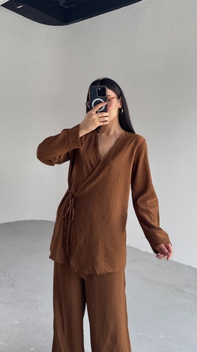 TKM-03686 Kahverengi Çapraz Bağlamalı Salaş Kimono Takım - 2