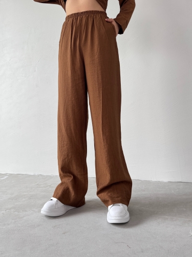 TKM-03686 Kahverengi Çapraz Bağlamalı Salaş Kimono Takım - 3