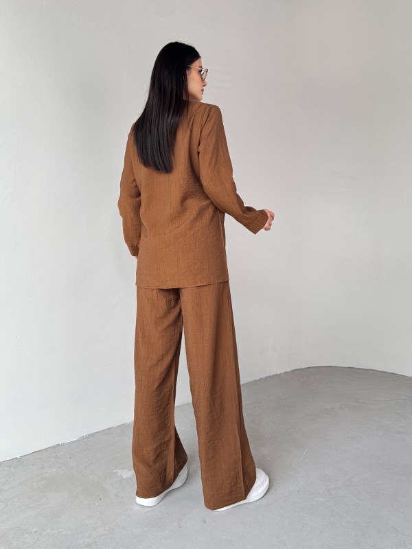 TKM-03686 Kahverengi Çapraz Bağlamalı Salaş Kimono Takım - 7