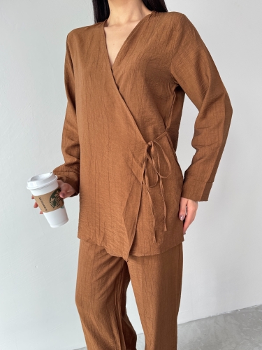 TKM-03686 Kahverengi Çapraz Bağlamalı Salaş Kimono Takım - 4