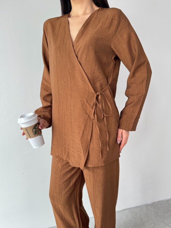 TKM-03686 Kahverengi Çapraz Bağlamalı Salaş Kimono Takım - 4
