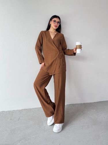 TKM-03686 Kahverengi Çapraz Bağlamalı Salaş Kimono Takım - 5