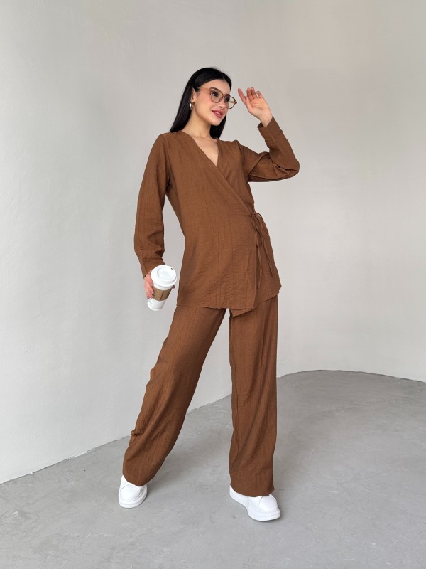 TKM-03686 Kahverengi Çapraz Bağlamalı Salaş Kimono Takım - 6