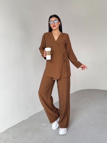 TKM-03686 Kahverengi Çapraz Bağlamalı Salaş Kimono Takım - 1