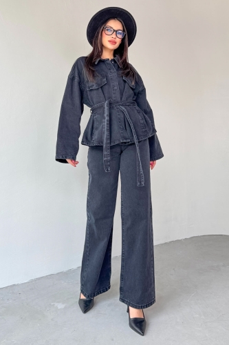 TKM-03688 Siyah Denim Kuşaklı Ceket Jean İkili Takım - 1