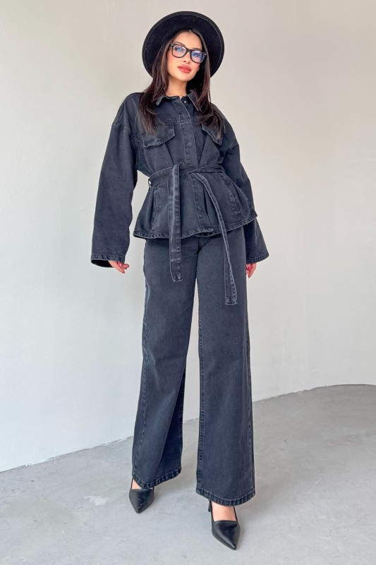 TKM-03688 Siyah Denim Kuşaklı Ceket Jean İkili Takım - 1