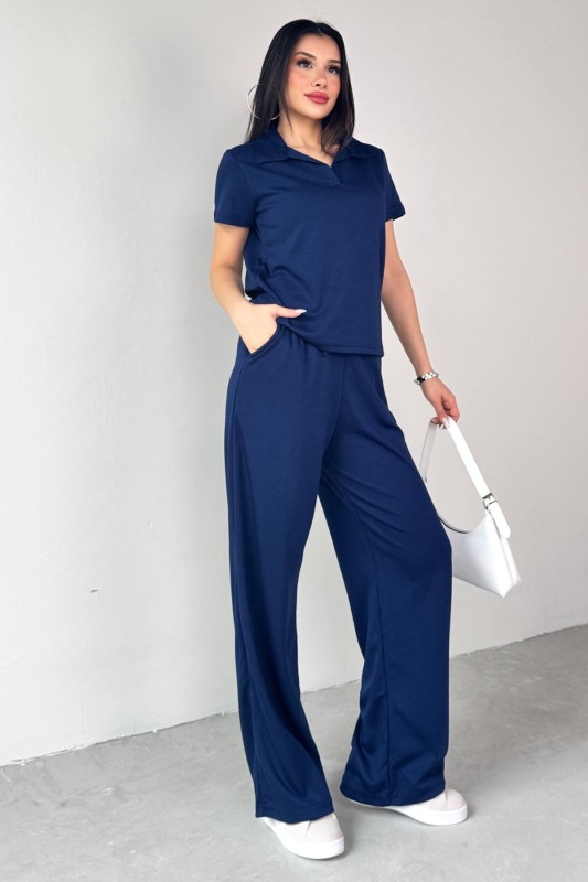 TKM-03690 Lacivert Polo Yaka Bluz Salaş Pantolon İkili Takım - 4
