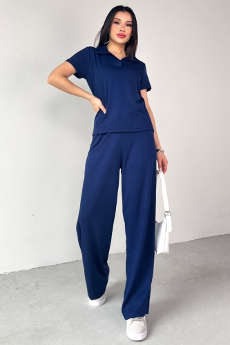 TKM-03690 Lacivert Polo Yaka Bluz Salaş Pantolon İkili Takım - 1