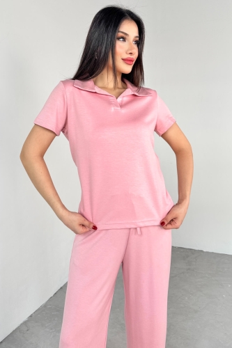 TKM-03690 Pembe Polo Yaka Bluz Salaş Pantolon İkili Takım - 3