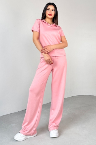 TKM-03690 Pembe Polo Yaka Bluz Salaş Pantolon İkili Takım 