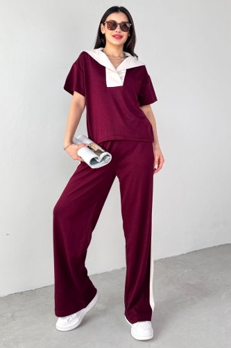 TKM-03692 Bordo Patlı Yaka Bluz Garnili Pantolon İkili Takım 