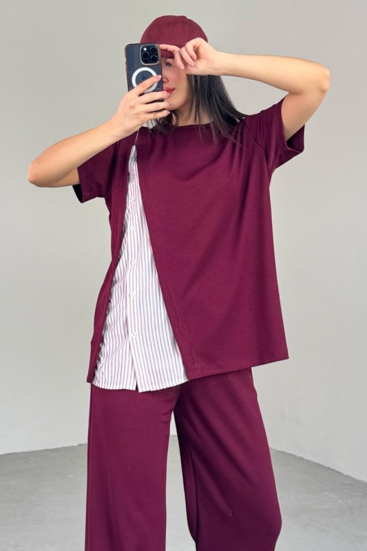 TKM-03701 Bordo Gömlek Detay Tasarım Tişört Bel Lastikli Pantolon İkili Takım - 2