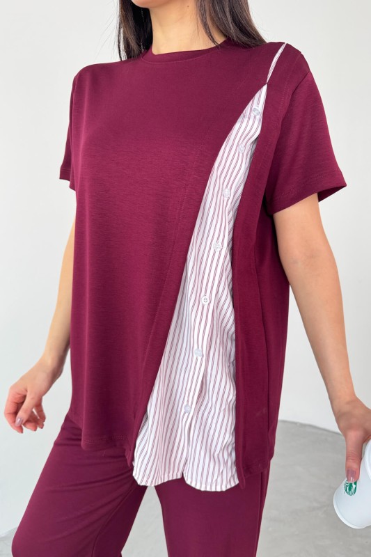 TKM-03701 Bordo Gömlek Detay Tasarım Tişört Bel Lastikli Pantolon İkili Takım - 5