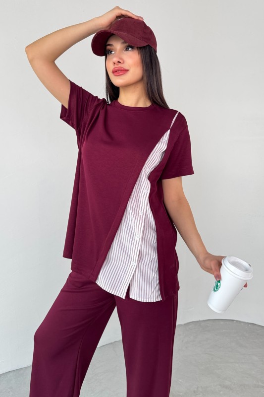 TKM-03701 Bordo Gömlek Detay Tasarım Tişört Bel Lastikli Pantolon İkili Takım - 6