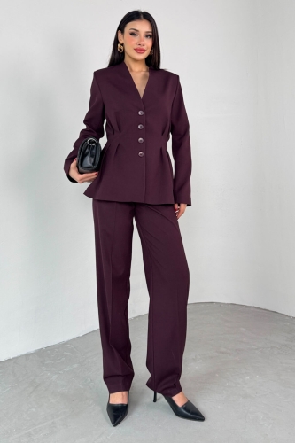TKM-03708 Mürdüm Pensli Düğmeli Ceket Pantolon Casual Takım - Cappmoda